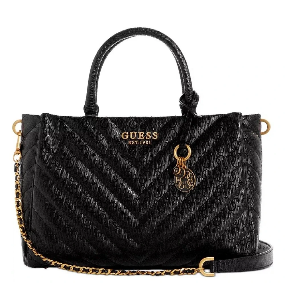 Guess Jania Society Quilted‎ Medium Satchel Crossbody Black Logo Embossed NEW